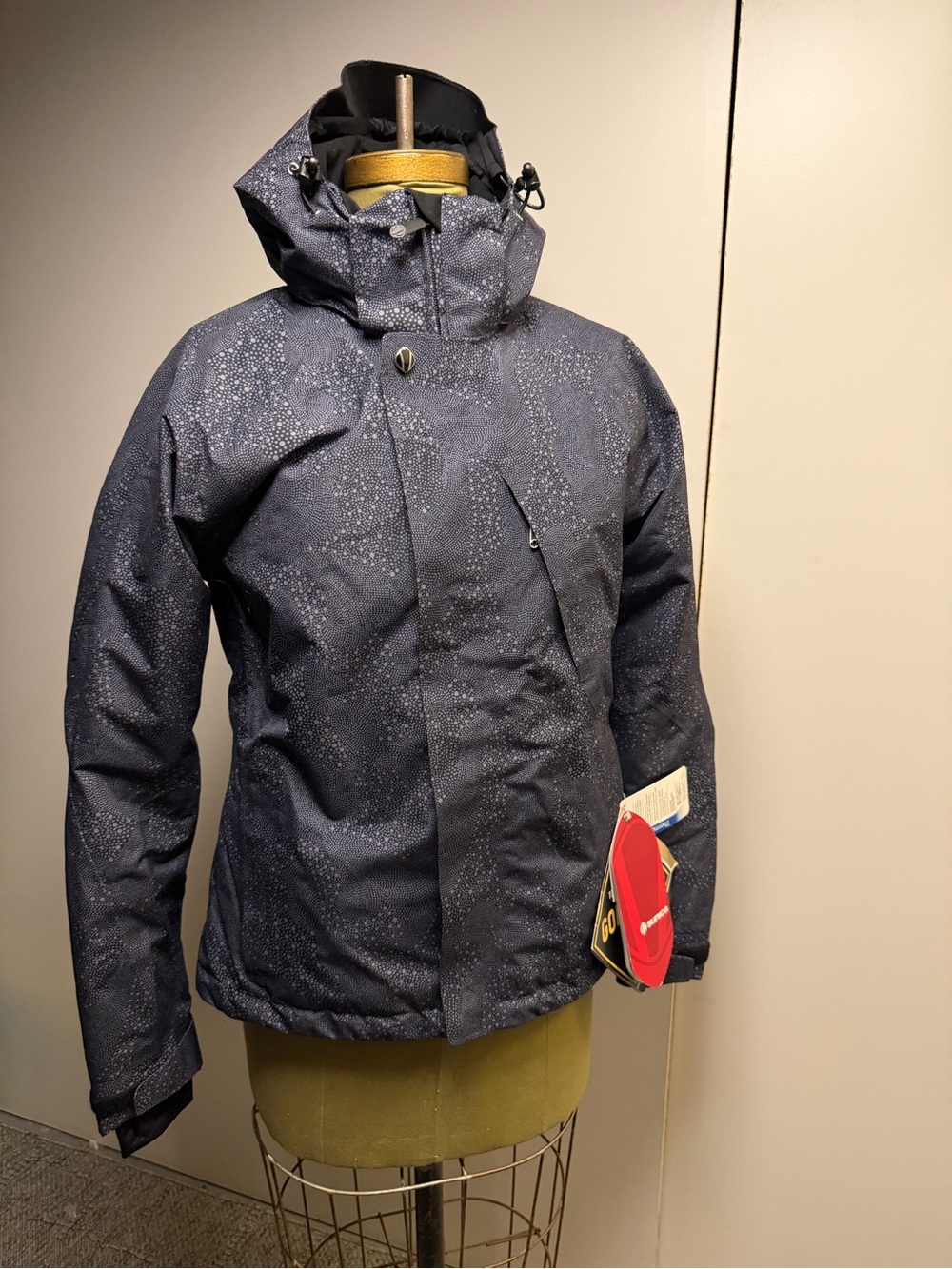 GORE-TEX Women's Dark Navy Hooded Ski Jacket with Subtle Dot Pattern